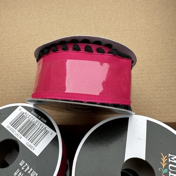 Pink Wired Ribbon Pom Pom Edge Lot of 7 Dia De Los Muertos 1 1/2" in x 14 ft - Picture 3 of 11